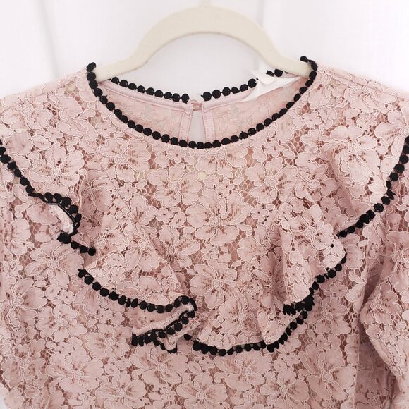 Adiva Dusty Rose Ruffle Floral Lace Pattern Long Sleeve Preppy Blouse Size M - Picture 2 of 10